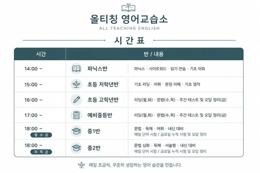 올티칭 영어교습소 수업 시간표
